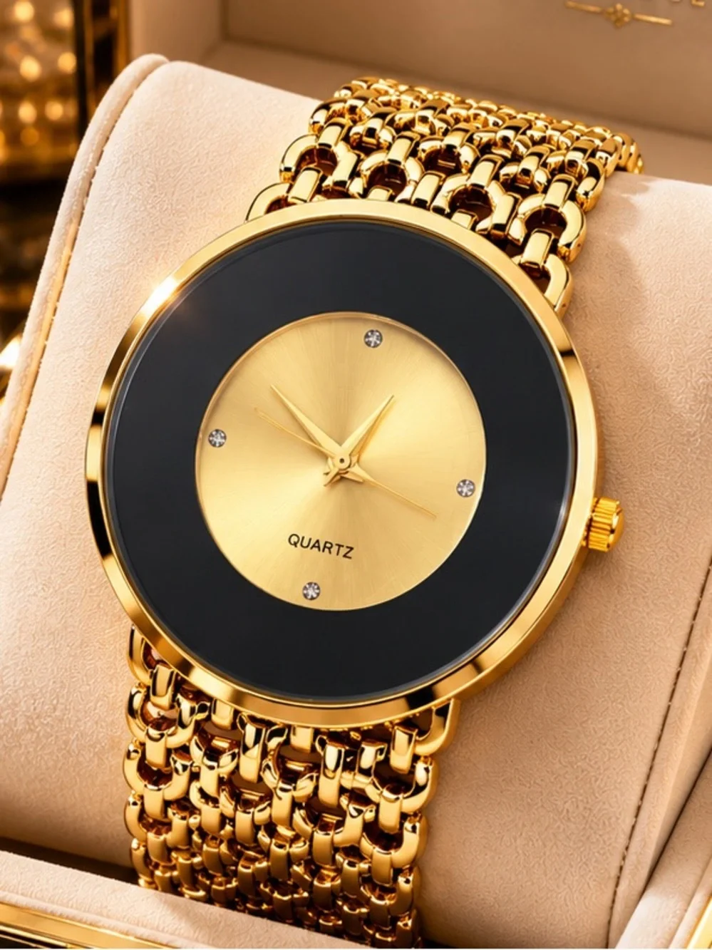 Anthropologie Gold and Black Round Quartz Bracelet Watch